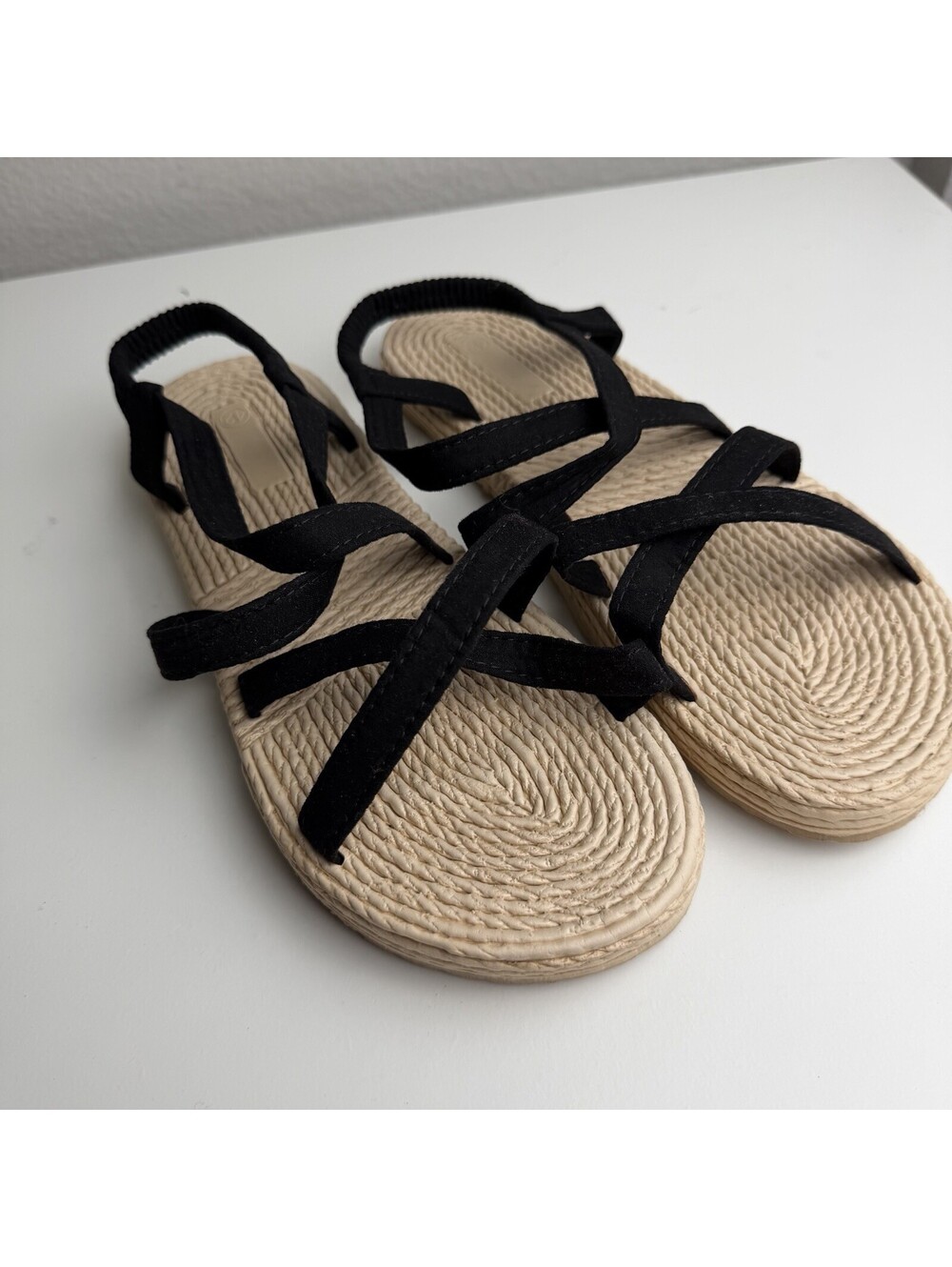 Women’s Black Strappy Sandals Adjustable Ankle Strap Textured Footbed Size 11